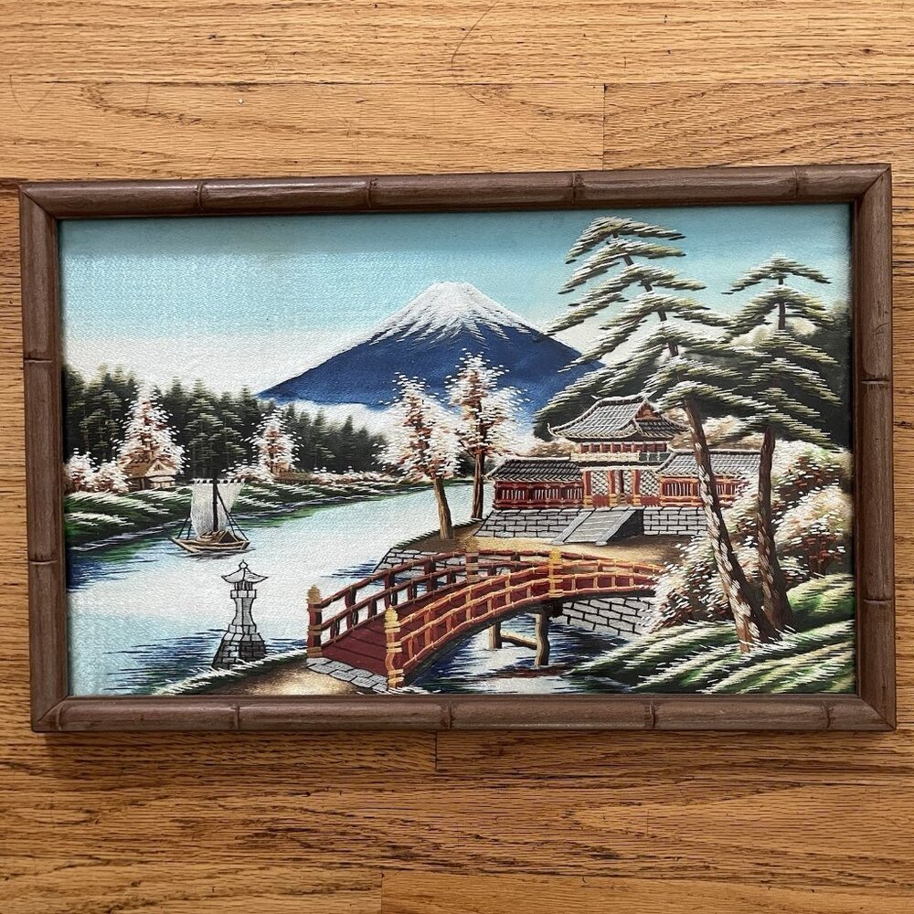 Vintage Japanese Mt Fuji Silk Embroidered Framed Landscape Bridge Boat 19"x12.5"